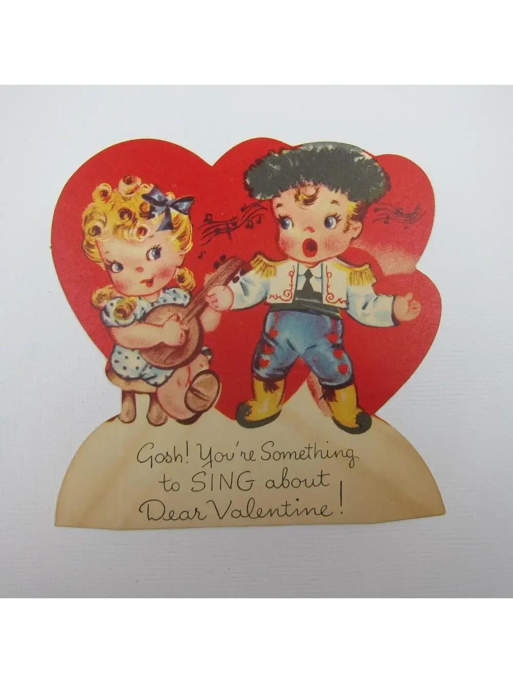 Vintage Valentine Blonde Girl Plays Banjo Boy Sings Costume Red Heart Americard